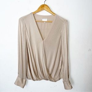Witchery Womens Tan Beige Long Sleeve Surplice Blouse Top Sz 12